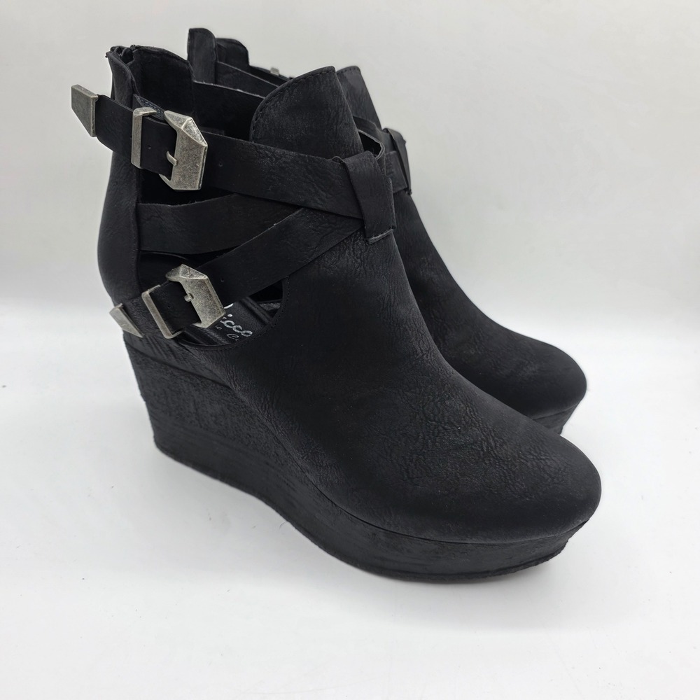 Sbicca Javiera Wedge Ankle Boots Black Strappy Buckle Women Size 10